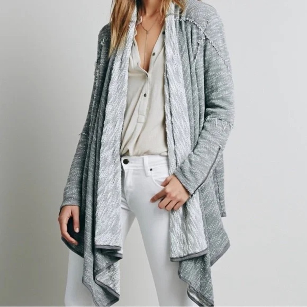 Free people Loop Cardigan Cream Grey wrap waterfall frayed distressed lagenlook - Picture 16 of 16